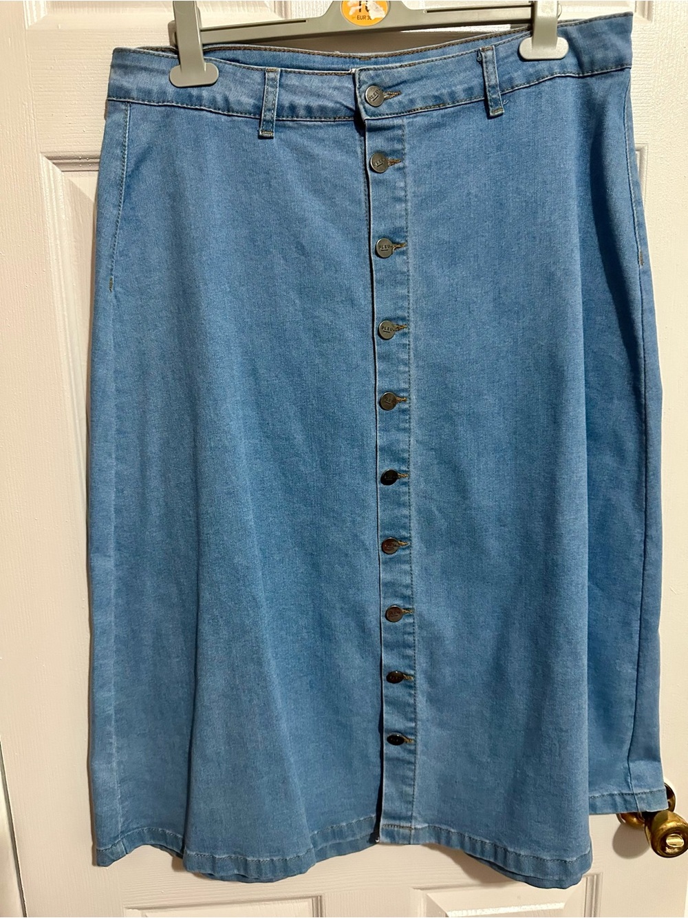 Light Blue Button-Front Midi Denim Skirt